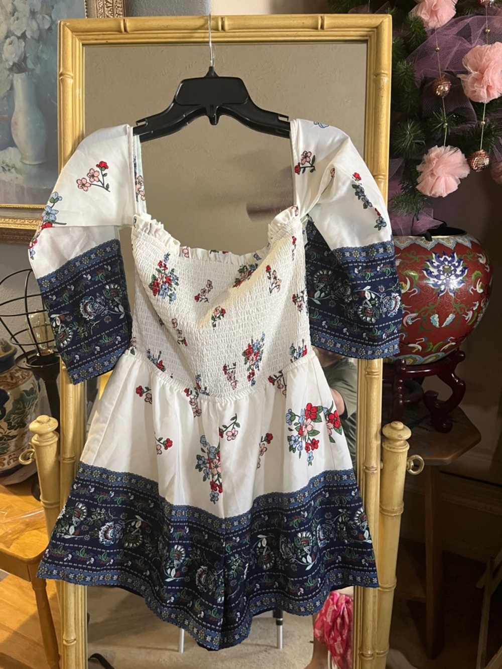 Altar’d state White Floral Smocked Babydoll Dress with Blue Border